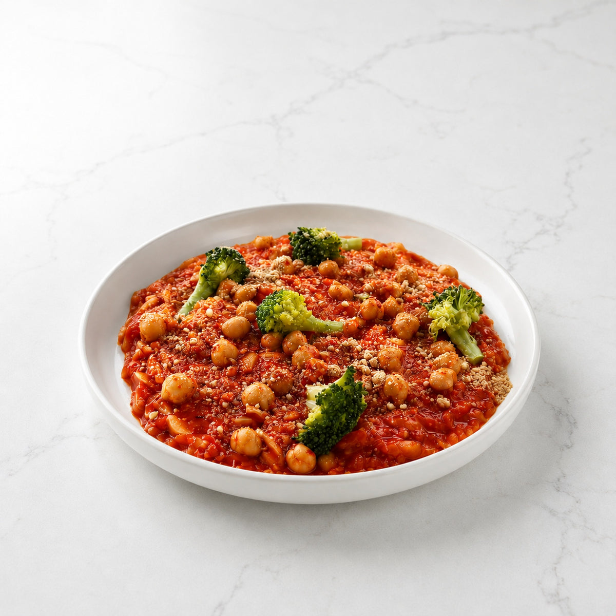 Orzo Cremoso de Tomate com Grão Plantz ângulo 45 graus em prato branco