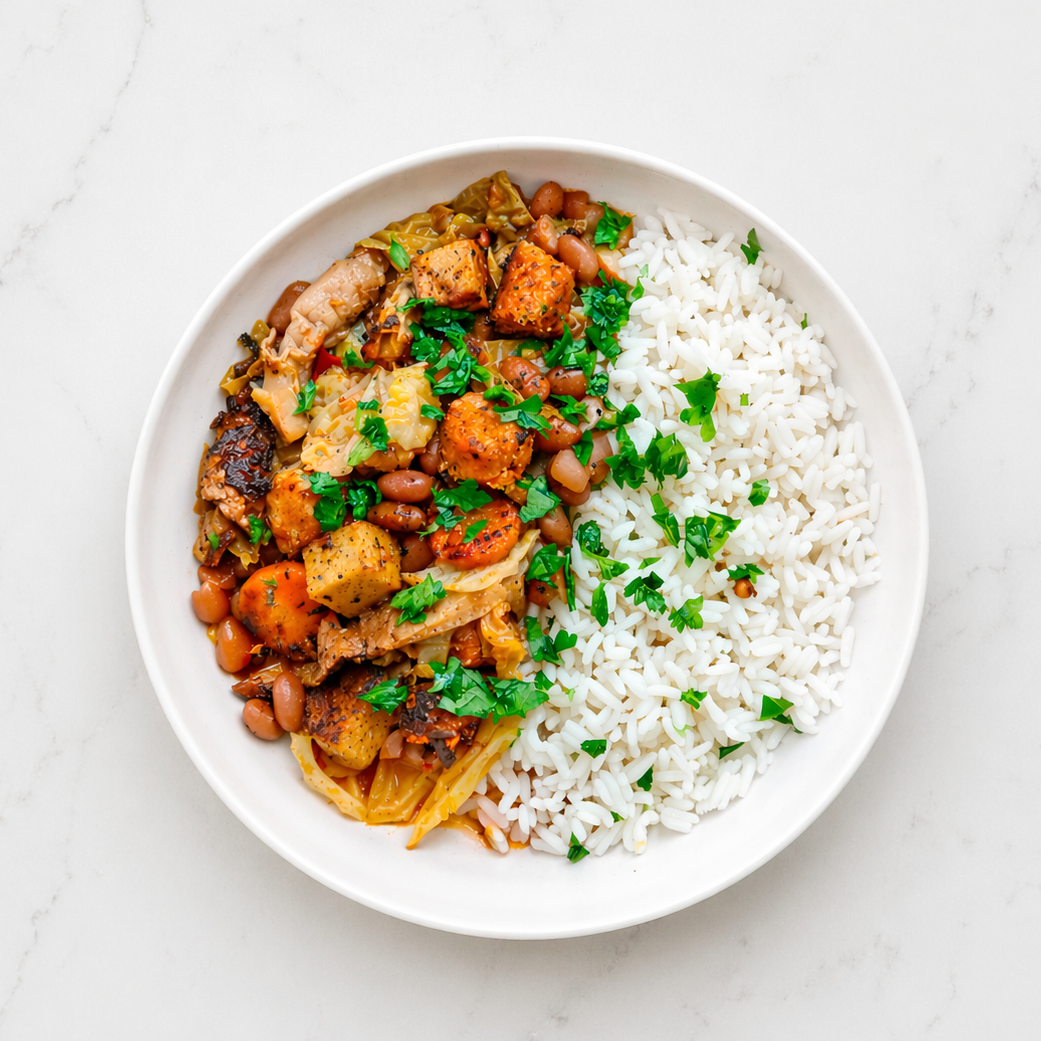 Feijoada à Portuguesa Plantz vista de cima em prato branco