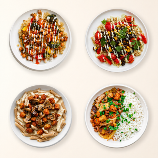 Pack Nova Geração Plantz com quatro pratos vegan em fundo off-white